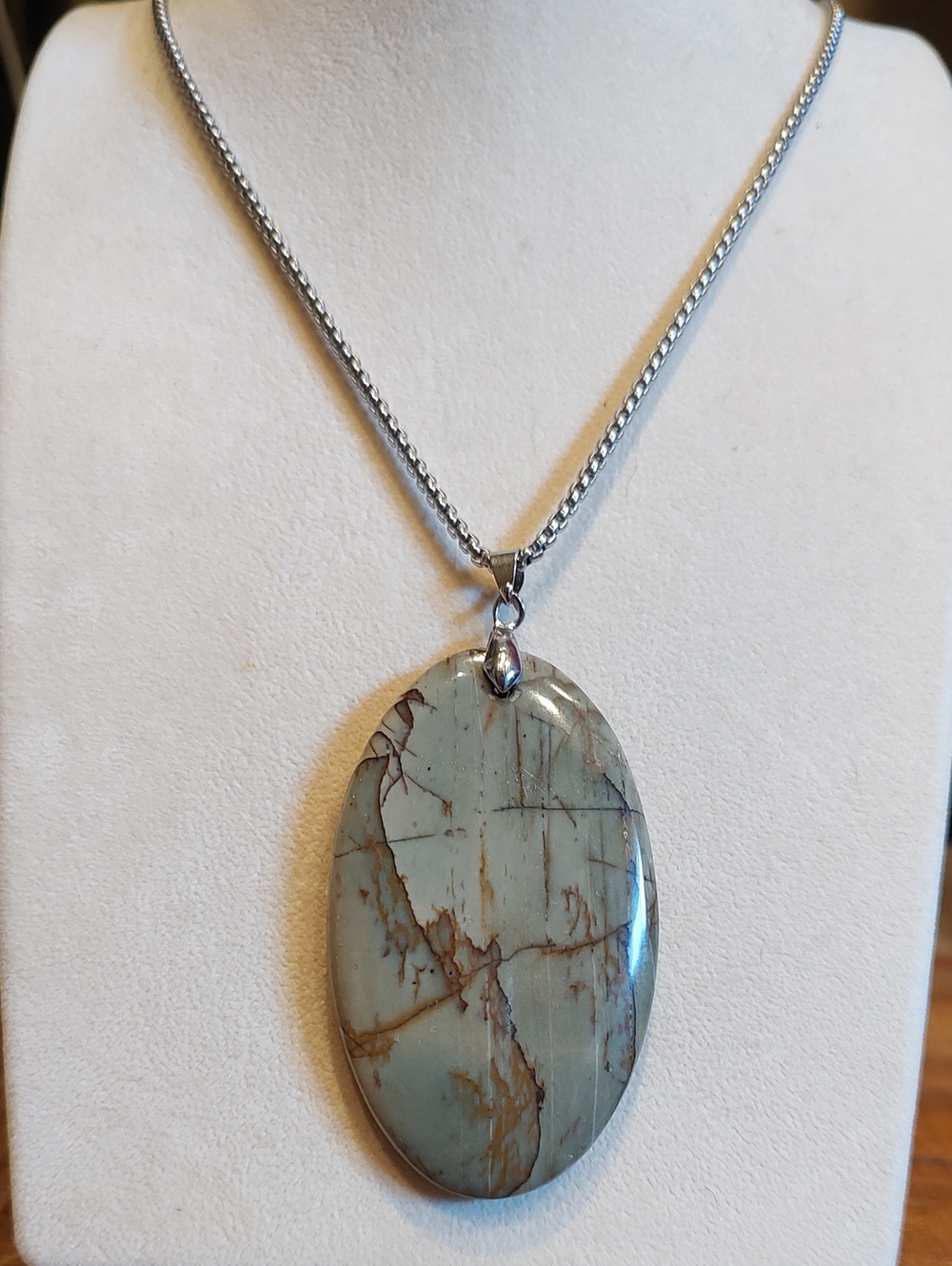 Beautiful Large Oval Picasso Jasper Pendant With 24-inch Stainless Steel Chain